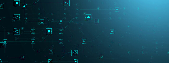 Leinwandbilder - Business technology Digital cyberspace concept, innovation thinking brainstorming idea, flow chart line art abstract illustration blue banner background.