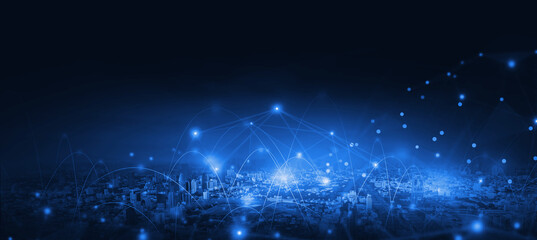 Leinwandbilder - Business city abstract banner blue background, cityscape modern futuristic wireframe communication technology concept with graphics illustration.