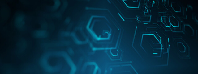 Fototapete - Futuristic business data technology modern blue background banner concept, circuit  hexagon polygon shape lines connecting link structure dark blue contrast copyspace.