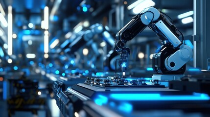 Poster - A robotic arm assembling components in a high-tech industrial environment with blue lighting.