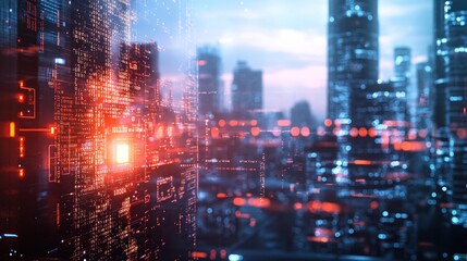 Poster - Futuristic cityscape with digital elements and glowing lights.