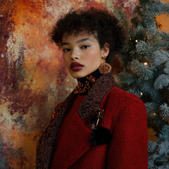 A model poses in front of an abstract, textured background, wearing a red woolen coat with a brown knitted scarf and black earrings. The Christmas tree behind her adds to the festive ambiance