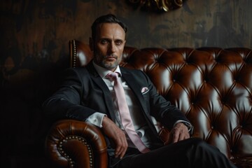 Stylishly confident man in a tailored suit relaxing on a vintage leather sofa in a dimly lit upscale setting