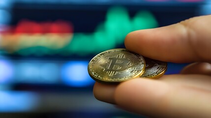 Grasping a shining stock coin in front of dynamic stock market trends