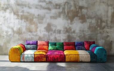 Wall Mural - Contemporary minimalist living room with a vibrant multicolored sofa set against a textured concrete wall 