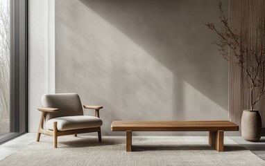 Japandi-inspired minimalist modern living room, featuring a sleek accent armchair and a simple wooden bench against a grey wall 