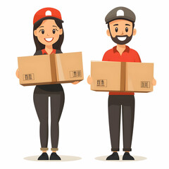 Fototapete - Friendly Delivery Workers Holding Boxes and Smiling, Representing Efficient Services on a Clean Background - Perfect for Business Graphics