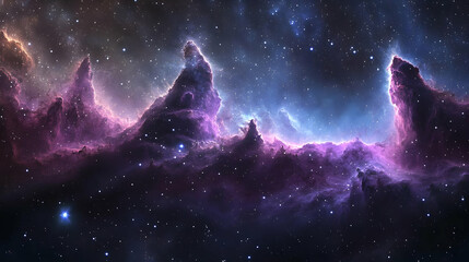 A Cosmic Landscape of Purple and Blue Nebulae with Stars Sparkling in the Vast Darkness