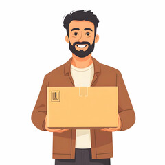 Fototapete - Smiling Delivery Person Holding Package Showcasing Efficient Customer Service with Ample Space for Text and Graphics on Clean Background