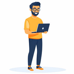 Fototapete - Professional Tech Support: Person with Laptop Offering Efficient Solutions Against a Blank Background for Custom Text or Graphics