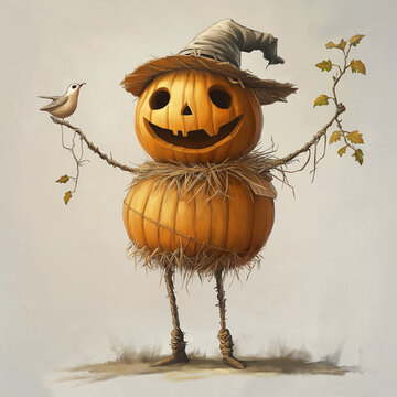Cartoon Halloween illustration of a happy pumpkin fish with orange scales swimming in a blue sea under a bright sun