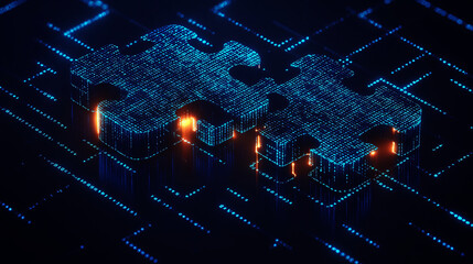 Poster -  puzzle pieces connected, symbolizing the unity of AI and business in data center management