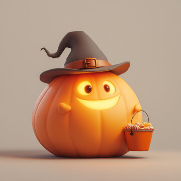 Cartoon Halloween illustration of a happy pumpkin fish with orange scales swimming in a blue sea under a bright sun