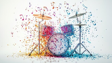 Wall Mural - A dynamic image of a vibrant drum set surrounded by an explosion of colorful music notes, encapsulating the vibrant energy and creativity of musical expression.