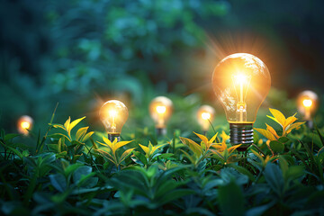 Sustainable energy concept represented by light bulbs illuminated on green plants