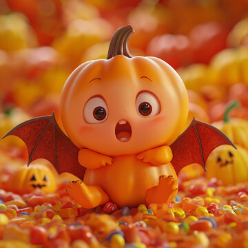 Cartoon Halloween illustration of a happy pumpkin fish with orange scales swimming in a blue sea under a bright sun