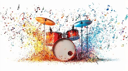 A truly mesmerizing drum set enveloped in a symphony of colorful notes, illustrating the fusion of musical and visual art in a captivating, expressive manner.