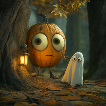 Cartoon Halloween illustration of a happy pumpkin fish with orange scales swimming in a blue sea under a bright sun