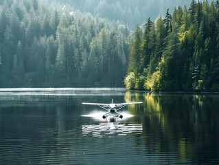 Canvas Print - Seaplane Landing on Tranquil Forest Surrounded Lake with Rippling Water