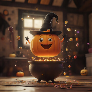 Cartoon Halloween illustration of a happy pumpkin fish with orange scales swimming in a blue sea under a bright sun