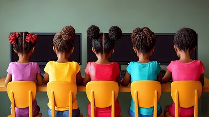 Children working on digital art projects in a computer lab for International Day of Education in flat vector and papercut style