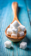 Closeup sugar cubes on wooden spoon white blue background