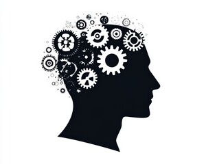 Head With Gears Concept. Human Head Silhouette with Brain Engine and Gear Wheels Illustration