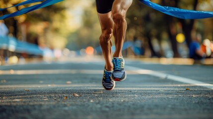 Athletic runner in motion on city street racing towards success