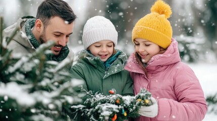 family bundled up in warm winter clothes decorating an outdoor tree with bird feeders lights and other nature friendly ornaments in a snowy winter wonderland setting