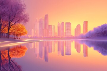 Cityscape at sunrise with a peaceful lake