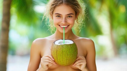 Smiling young woman holding a fresh coconut and drinking coconut water through a straw surrounded by a lush tropical environment  Concept of and carefree summer vacation in a natural exotic setting