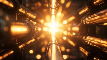Poster - A vibrant, glowing tunnel of pipes radiating light, suggesting energy or technological themes.