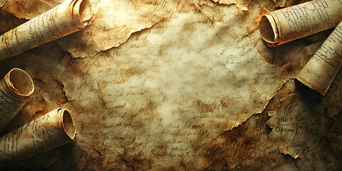 Poster - A page of old, yellowed paper with a few rolls of paper on top of it