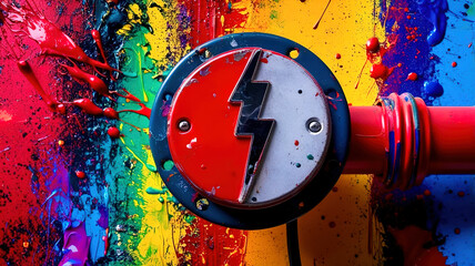 Poster - A colorful painting with a red and white lightning bolt on it