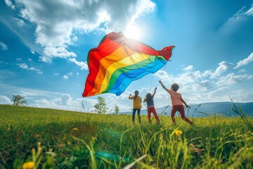 Children playing with a colorful kite in nature under sunny blue skies, promoting outdoor activities and family fun in a picturesque landscape