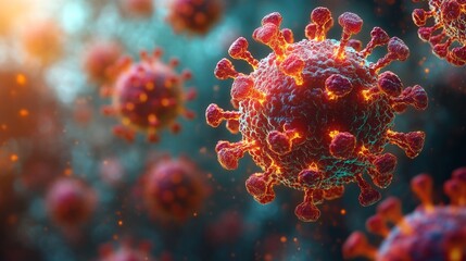 Poster - A red virus is shown in a close up