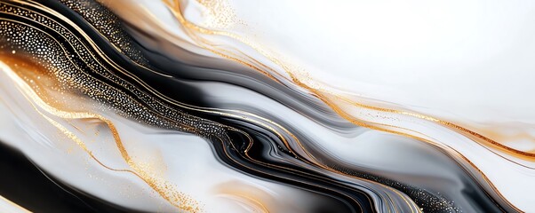 Poster - Elegant abstract waves in black, white, and gold hues create a stunning visual effect, perfect for modern decor or design projects.