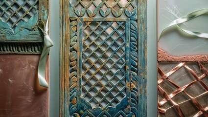 Canvas Print - Distressed blue and green wood panel with intricate carved lattice design.