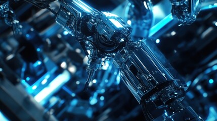 Poster - A close-up view of a futuristic robotic arm with sleek metallic surfaces and blue lighting.
