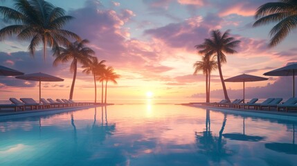 Poster - A beautiful sunset over a pool with palm trees in the background