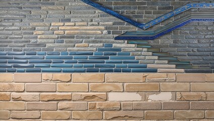 Wall Mural - Modern blue and beige brick wall with intricate mosaic design.