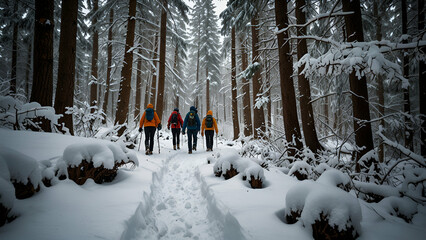 couple walking in winter forest