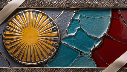 Canvas Print - Close-up of a colorful mosaic tile with gold accents, featuring a sunburst design.