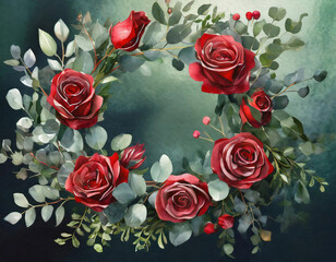 Watercolor floral wreath with red roses and eucalyptus branches. Copy space for your desing