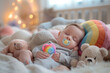 © ArtCraft - Sleeping baby with pacifier surrounded by stuffed toys. An adorable scene perfect for use in parenting, newborn care, and childhood themes in marketing and editorials