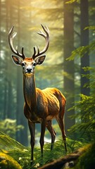 Poster - Majestic stag in sunlit forest, serene wildlife concept