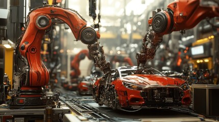 Poster - A futuristic assembly line with robotic arms building a sleek red car.