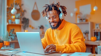 Wall Mural - A man with headphones, deeply engaged in a virtual call, laptop in front, showcasing a caring dialogue.