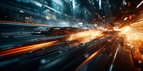 Poster - A car is driving down a street with a lot of smoke and fire