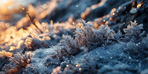 Poster - A snowy landscape with frosty plants and a bright sun in the background